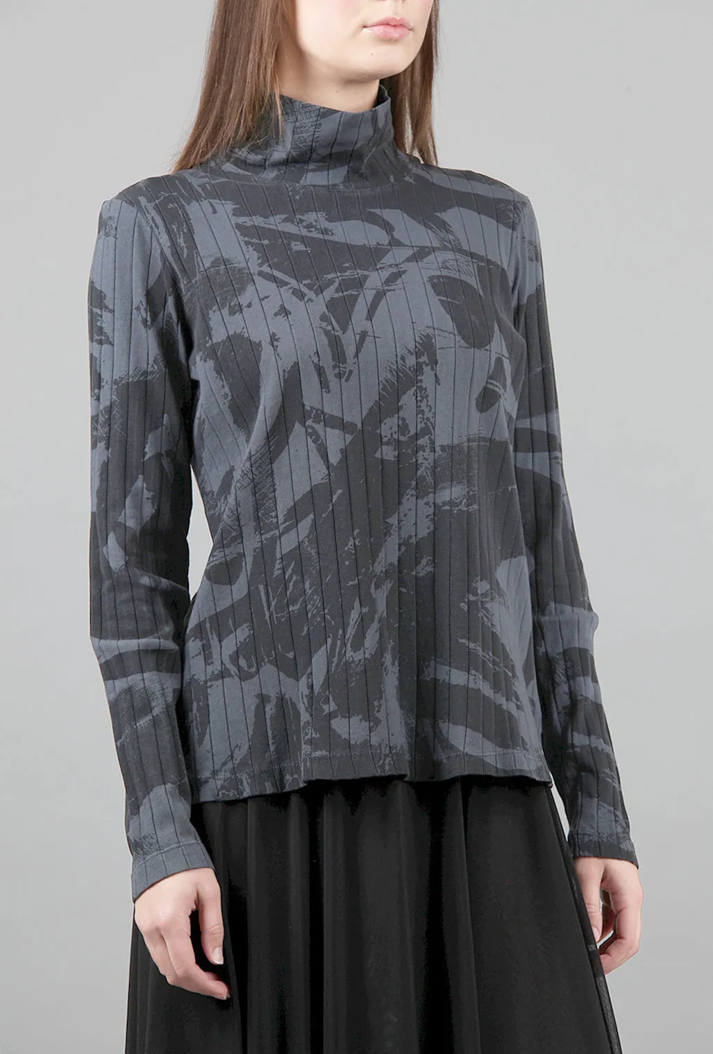 Ribbed Print Funnel Top, Gray