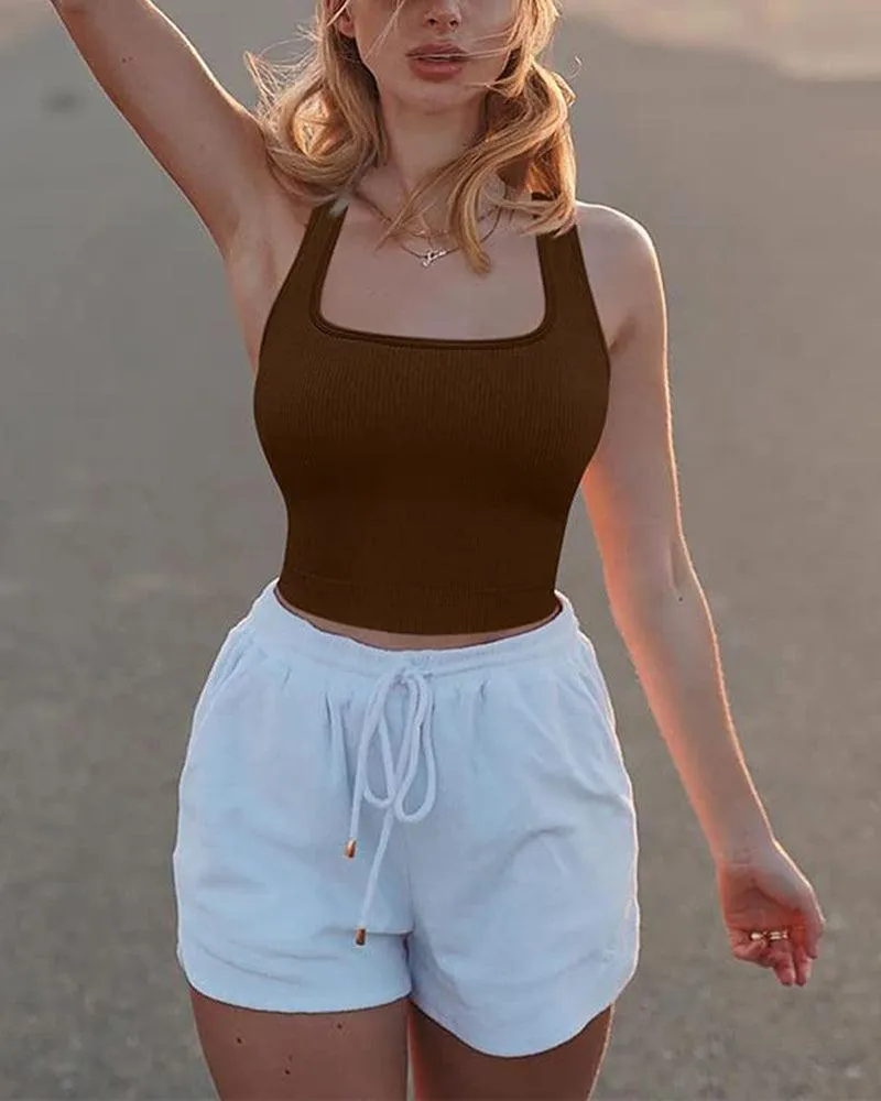 Ribbed Seamless Workout Exercise Shirts Yoga Crop Tops
