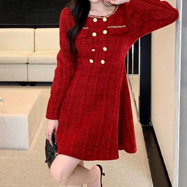 Round Neck Tweed Elegant Temperament Waist Dress