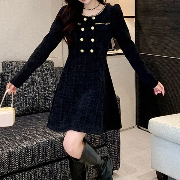 Round Neck Tweed Elegant Temperament Waist Dress