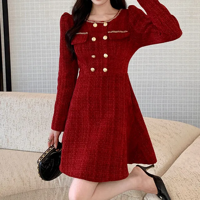Round Neck Tweed Elegant Temperament Waist Dress