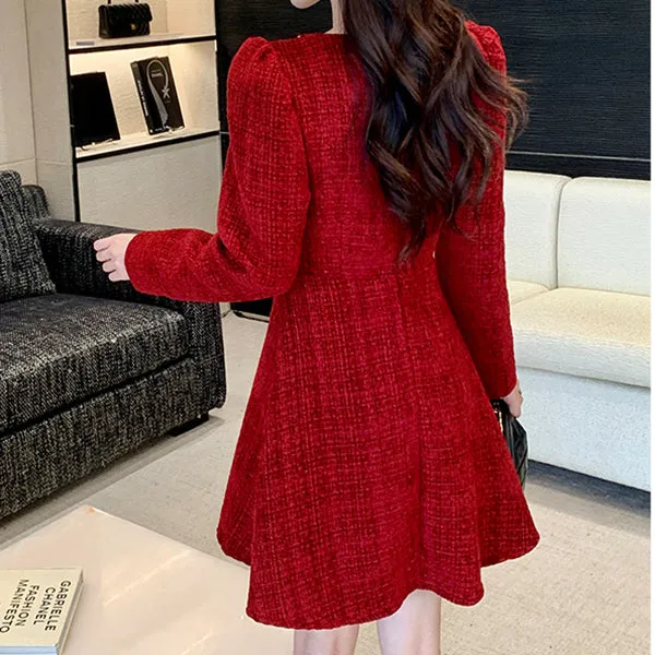 Round Neck Tweed Elegant Temperament Waist Dress