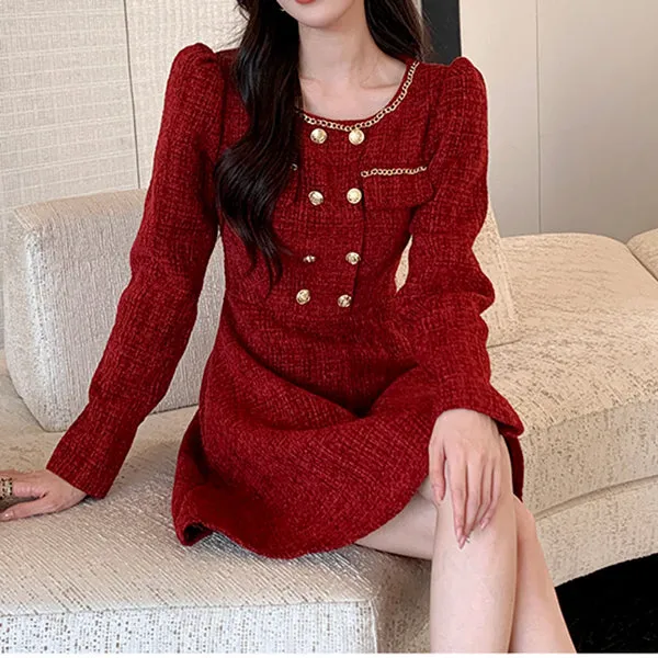 Round Neck Tweed Elegant Temperament Waist Dress