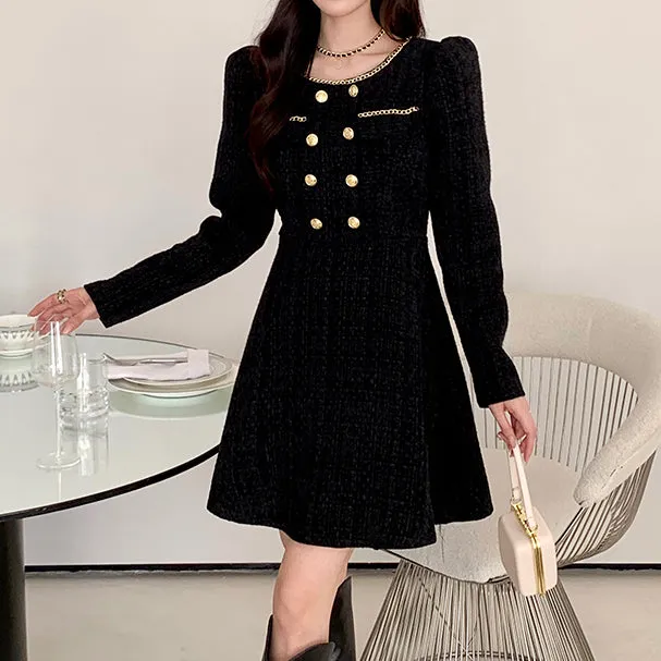 Round Neck Tweed Elegant Temperament Waist Dress