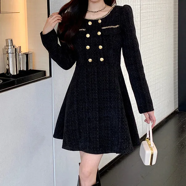 Round Neck Tweed Elegant Temperament Waist Dress
