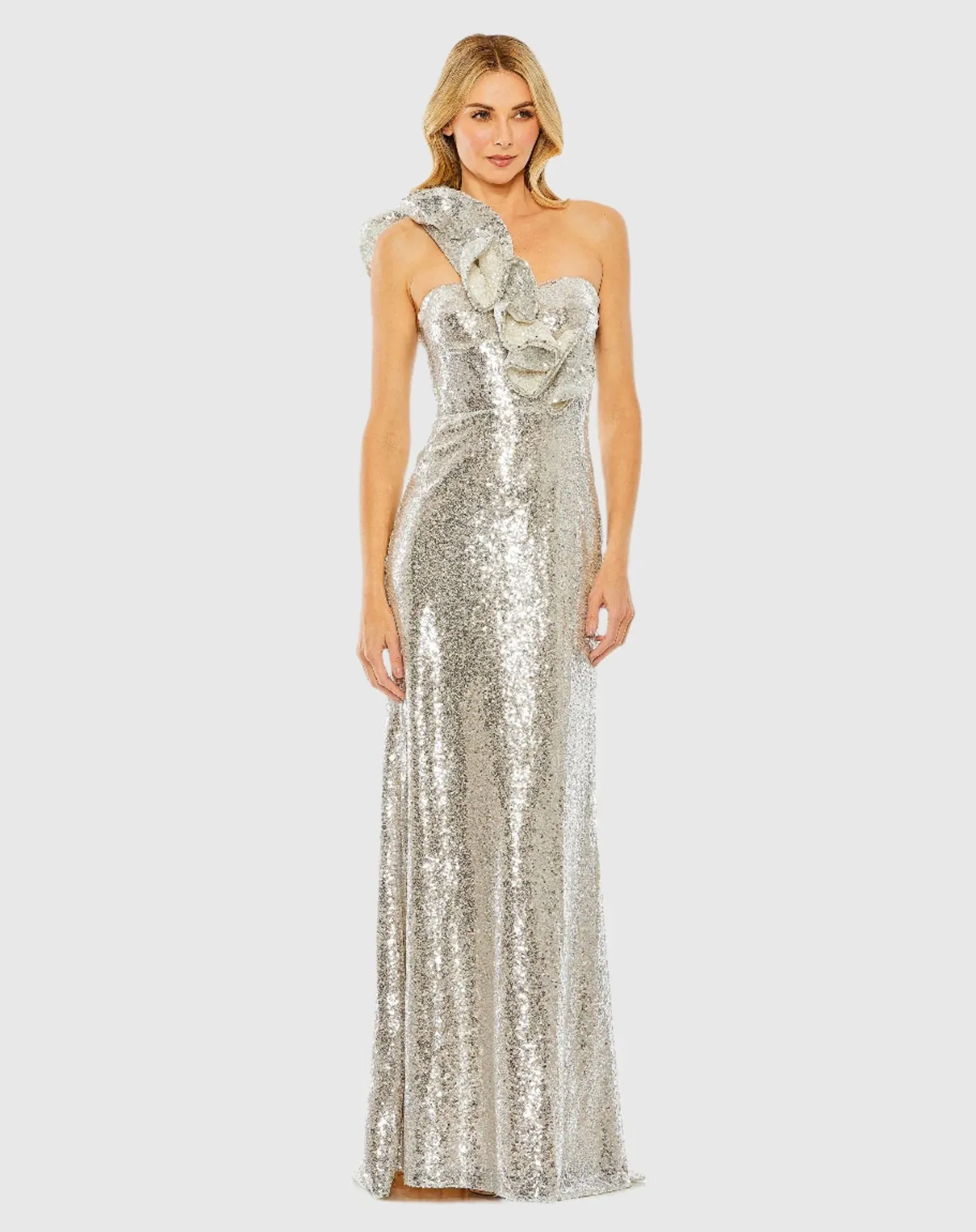 Sequin ruffled one shoulder gown - Silver