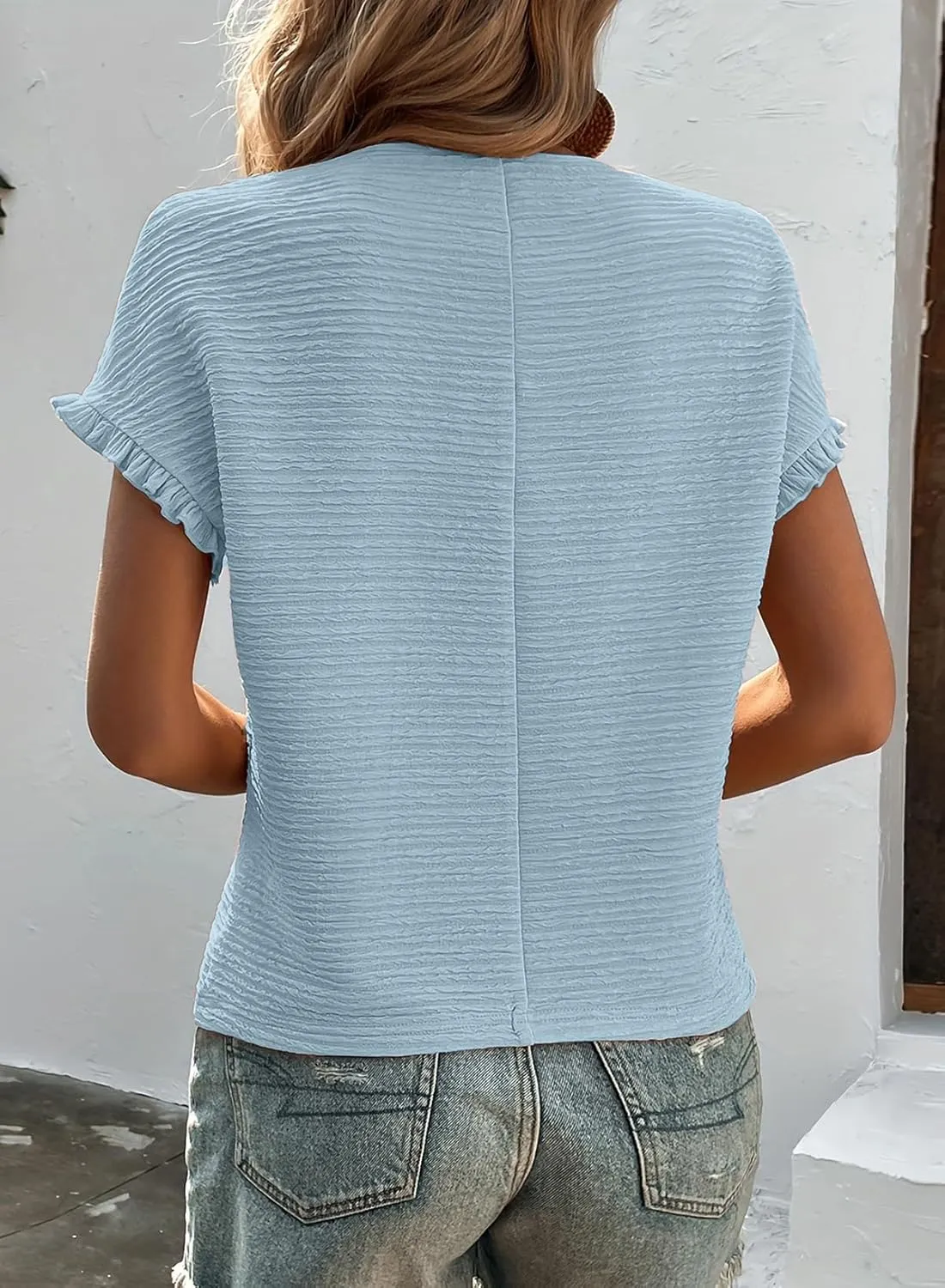 SHEWIN Womens Summer Tops Crewneck Short Sleeve T Shirts Casual Textured Work Shirt Loose Blouses