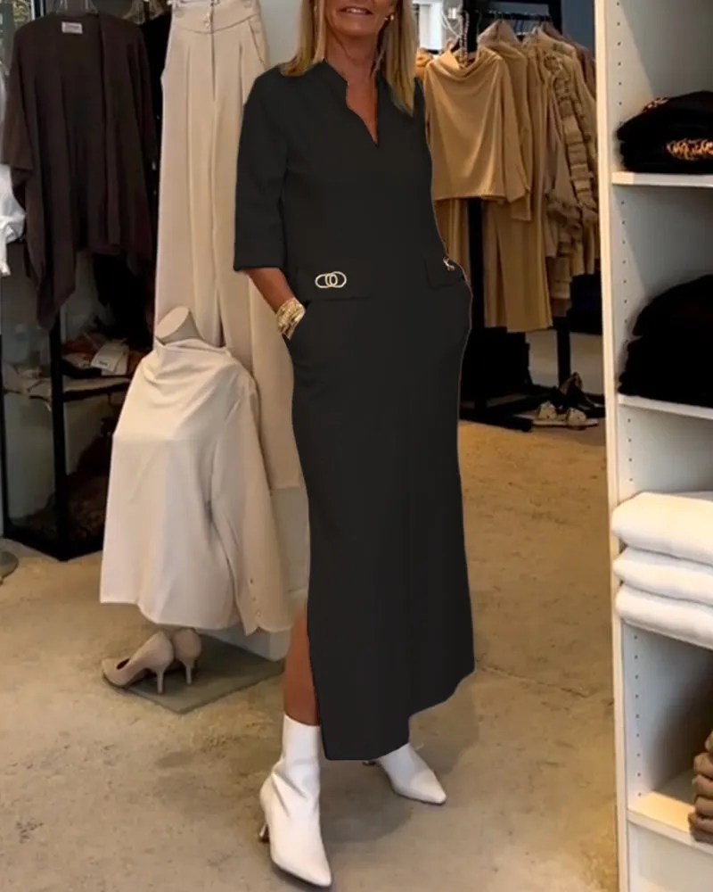 Solid color 3/4 sleeve slit dress