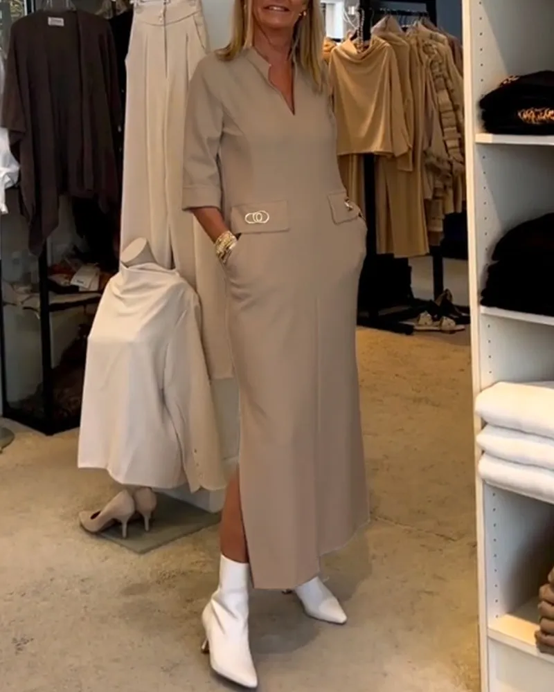 Solid color 3/4 sleeve slit dress
