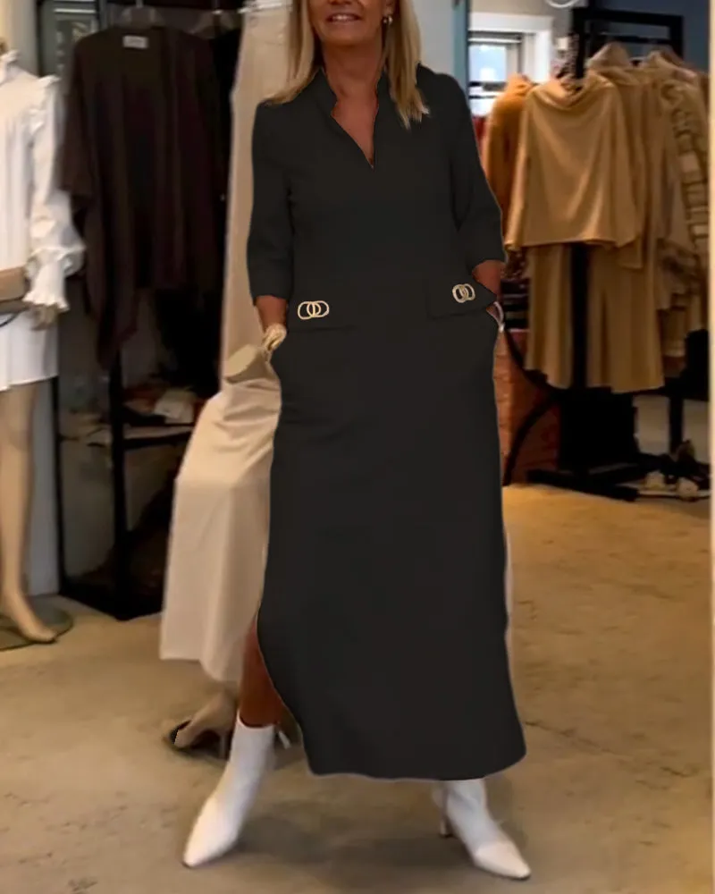 Solid color 3/4 sleeve slit dress