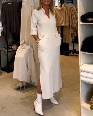 Solid color 3/4 sleeve slit dress