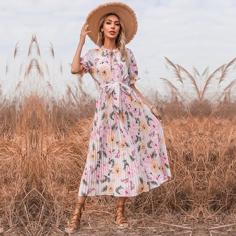 Stamped Elegance Leaf-Edged Forest Style Maxi Dress