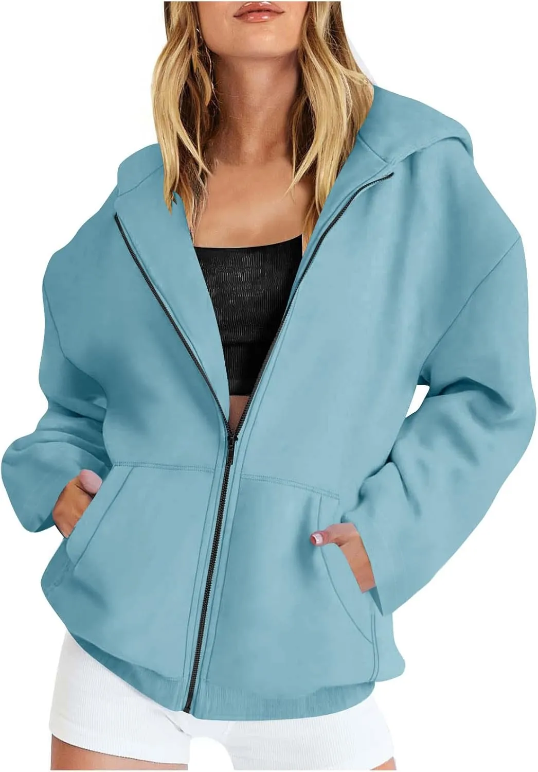 TANGNADE Women Hoodies Full Zip Up Oversized Sweatshirts with Pockets Casual Long Sleeve Thin Hooded Lightweight Jackets
