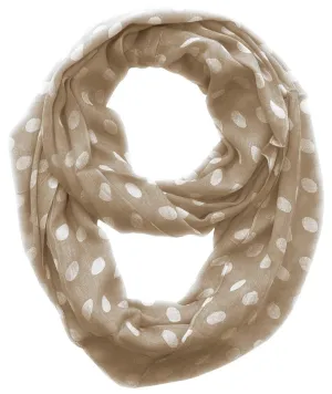 Taupe and White Peach Couture Light and Sheer Polka Dot Circle Print Infinity Loop Scarf