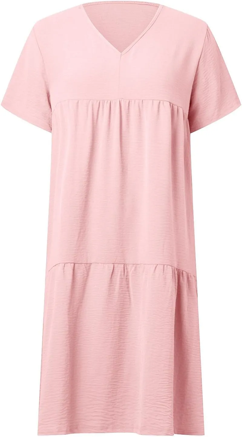 V-Neck Tea Length Dresses T Shirt Midi Dress Summer Casual Loose Sundress Beach Vacation Sundresses Plus Size