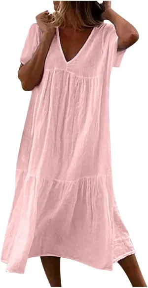 V-Neck Tea Length Dresses T Shirt Midi Dress Summer Casual Loose Sundress Beach Vacation Sundresses Plus Size