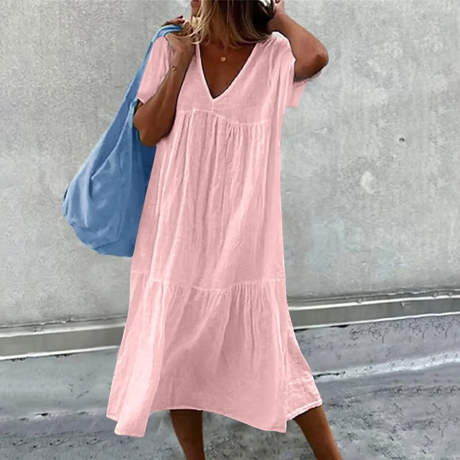 V-Neck Tea Length Dresses T Shirt Midi Dress Summer Casual Loose Sundress Beach Vacation Sundresses Plus Size