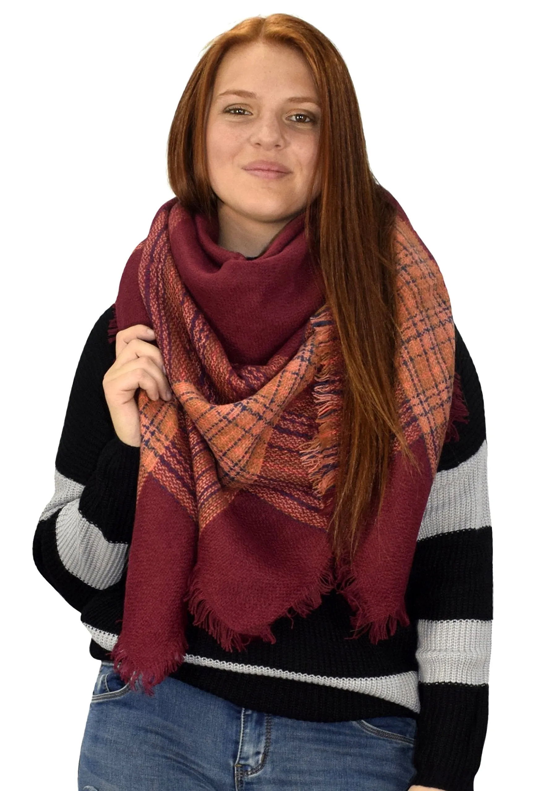 Warm Tartan Plaid Woven Oversized Fringe Scarf Blanket Shawl Wrap Maroon