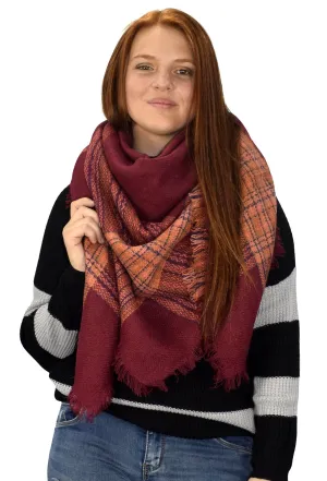 Warm Tartan Plaid Woven Oversized Fringe Scarf Blanket Shawl Wrap Maroon