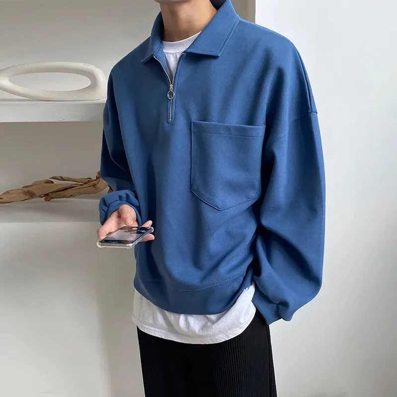 WIAOFELLAS  -  Lapel Men's Oversized Sweatshirt Long Sleeve Loose Single Pockets Design Pullover Tops Korean Chic Clothing Thick 2D1250