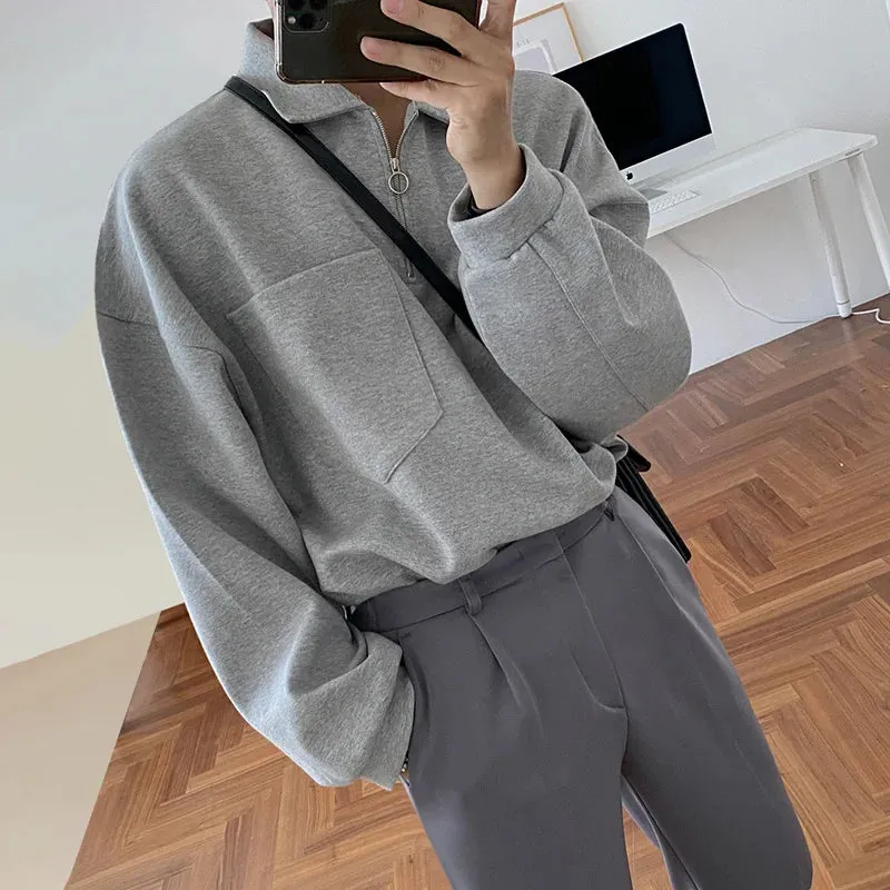 WIAOFELLAS  -  Lapel Men's Oversized Sweatshirt Long Sleeve Loose Single Pockets Design Pullover Tops Korean Chic Clothing Thick 2D1250