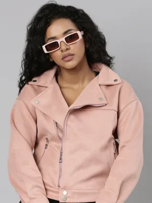 Women Peach Suede Crop Tailored Jacket