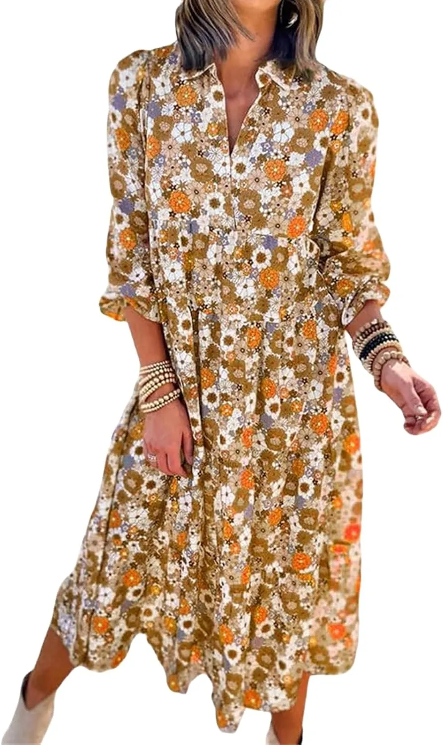Women's Casual Boho Floral Print Dress V Neck Ruffle Sleeve Maxi Dress Loose Fit Beach Dresses Sundresses for Summer