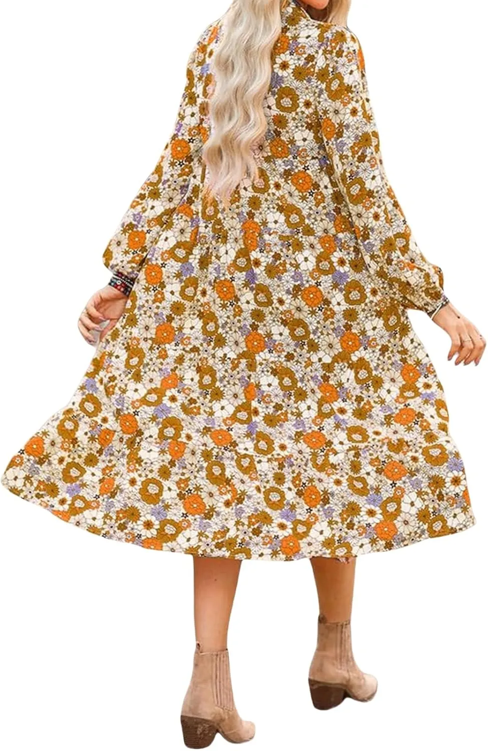 Women's Casual Boho Floral Print Dress V Neck Ruffle Sleeve Maxi Dress Loose Fit Beach Dresses Sundresses for Summer
