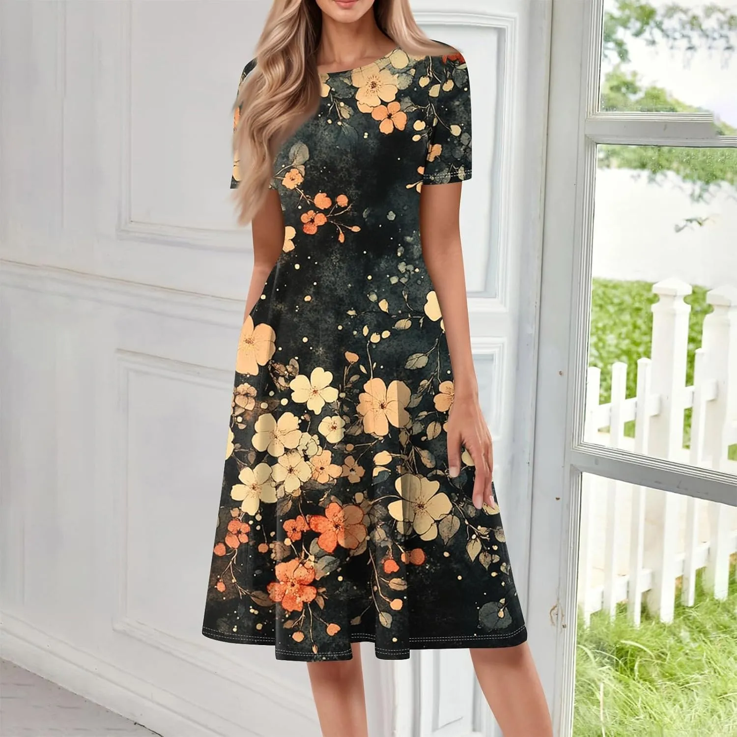 Womens Dresses 2025 Summer Empire Waist A Line Dress Side Pockets Crewneck Short Sleeve Midi Sun Dress Vacation