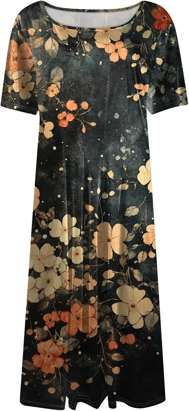 Womens Dresses 2025 Summer Empire Waist A Line Dress Side Pockets Crewneck Short Sleeve Midi Sun Dress Vacation