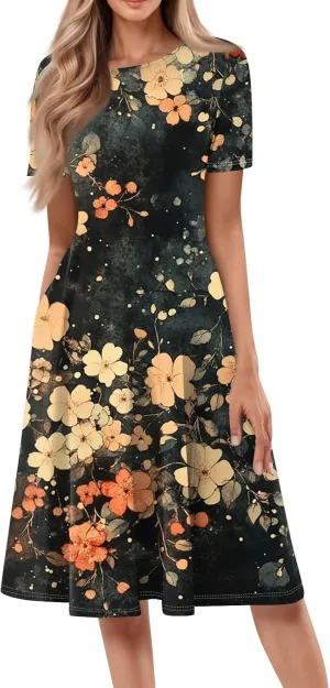 Womens Dresses 2025 Summer Empire Waist A Line Dress Side Pockets Crewneck Short Sleeve Midi Sun Dress Vacation