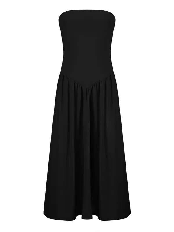 Women's elegant waist pleated pocket long dress