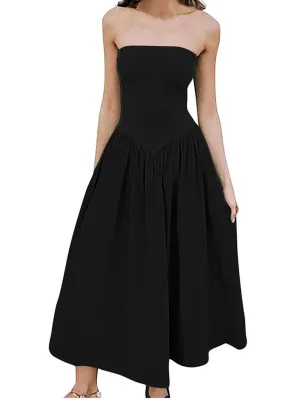 Women's elegant waist pleated pocket long dress