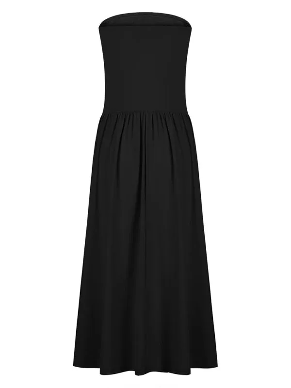 Women's elegant waist pleated pocket long dress