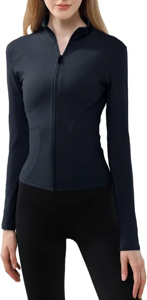 Women's Long Sleeve Running Jacket Slim Fit Sports Shirts Full Zip Quick Dry Fitness Top for Gym Training Yoga