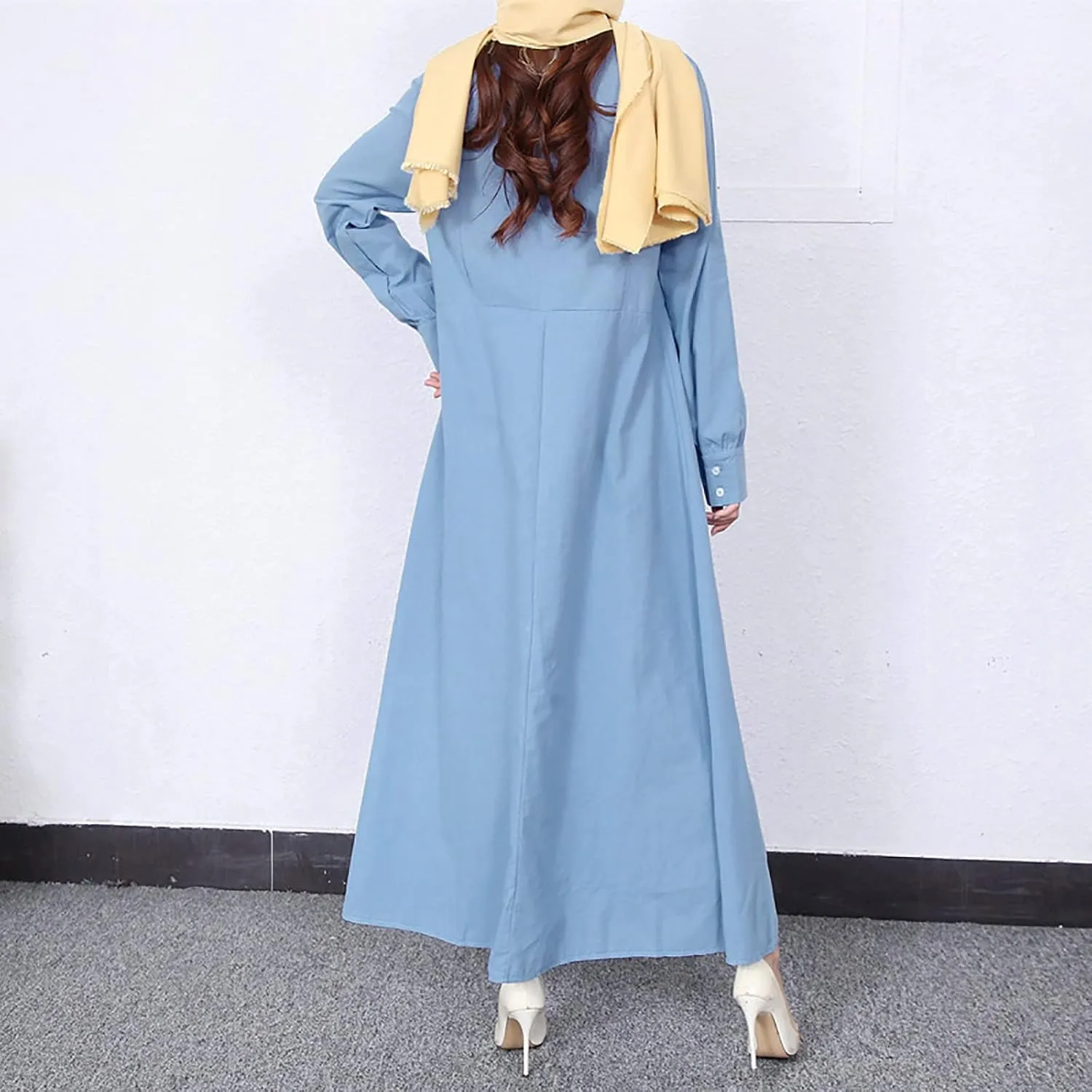 Women's Retro Kaftan Abaya Dress Muslim Long Sleeve Crew Neck Split Maxi Dress Islamic Arab Jilbab with Pockets