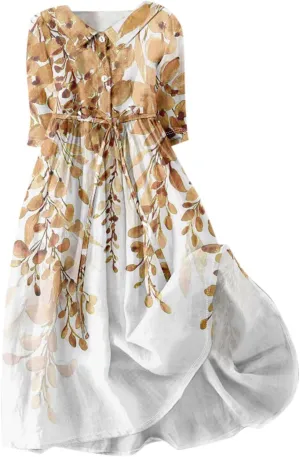 Women's Sundresses 2025 Summer Casual Loose Trendy 3/4 Sleeve Button Vintage Floral Printed Boho Dress Plus Size, S-3XL