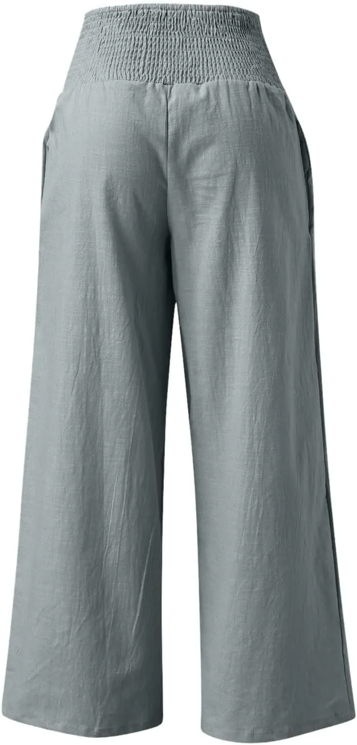 ZWRXW Women Linen Palazzo Pants Summer Wide Leg Pants Bow-Knot High Waisted Casual Lounge Pant Lightweight Beach Trousers