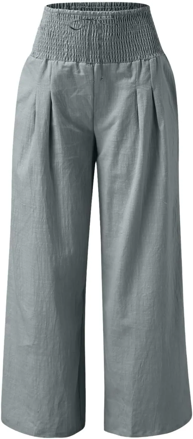 ZWRXW Women Linen Palazzo Pants Summer Wide Leg Pants Bow-Knot High Waisted Casual Lounge Pant Lightweight Beach Trousers