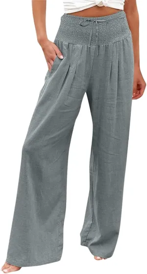 ZWRXW Women Linen Palazzo Pants Summer Wide Leg Pants Bow-Knot High Waisted Casual Lounge Pant Lightweight Beach Trousers